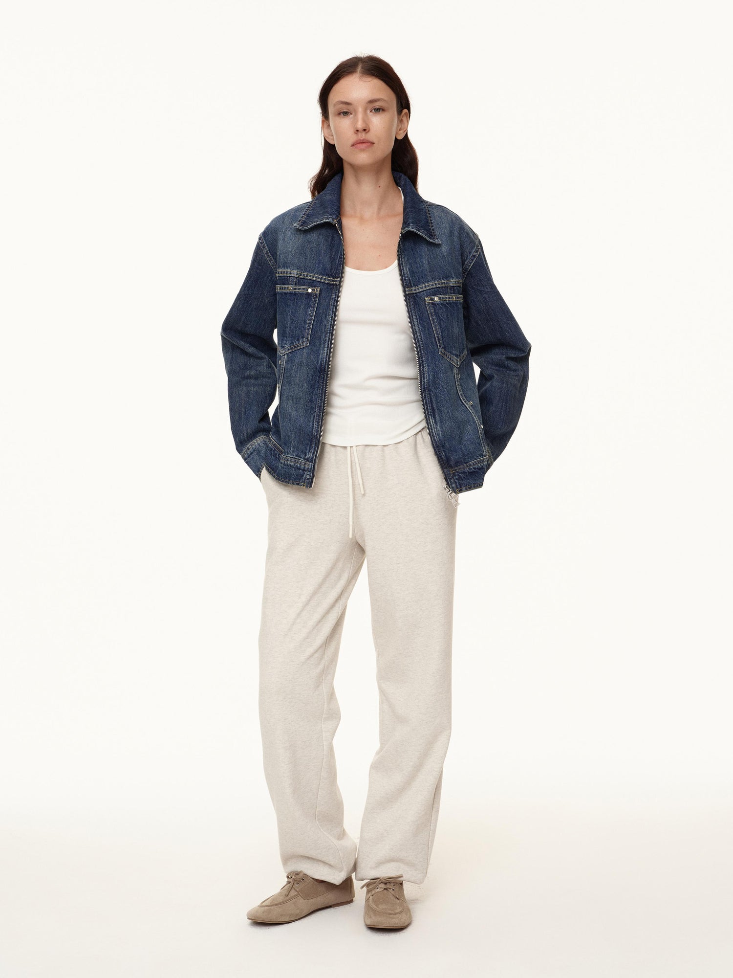 Northbutsouth Double Zip Rivet Denim Jacket With Paris Button