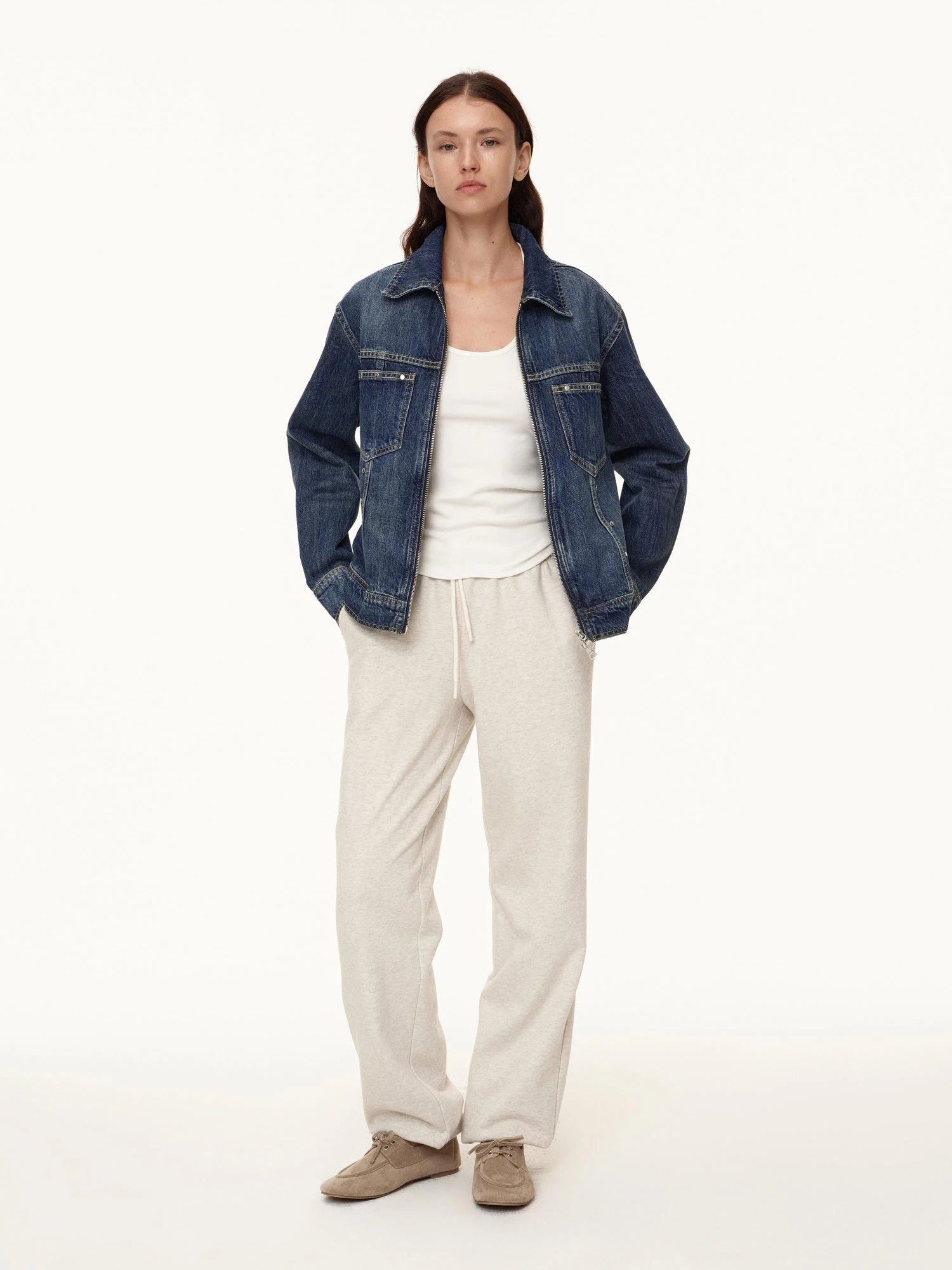 Double Zip Rivet Denim Jacket With Paris Button