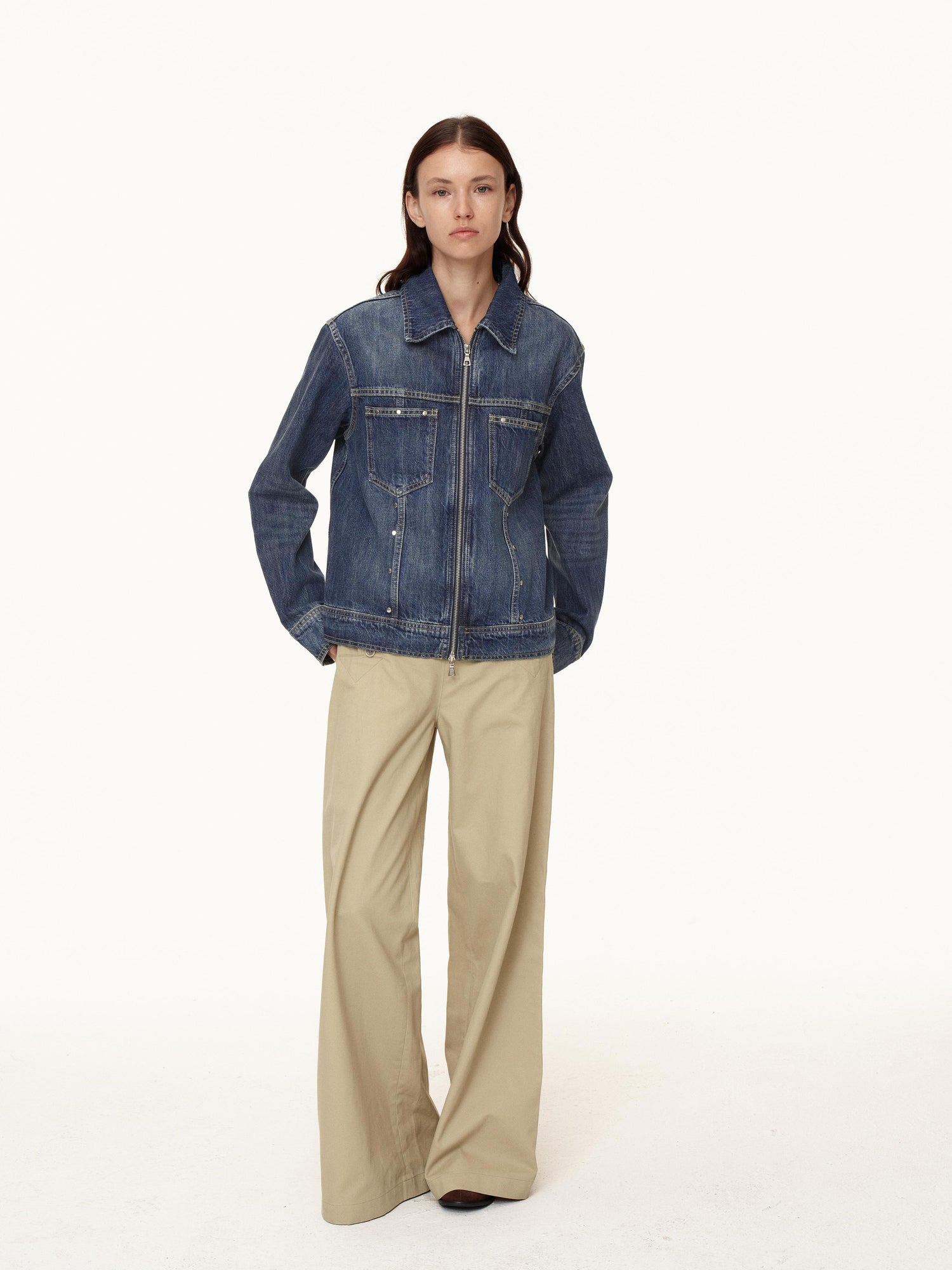Northbutsouth Double Zip Rivet Denim Jacket With Paris Button