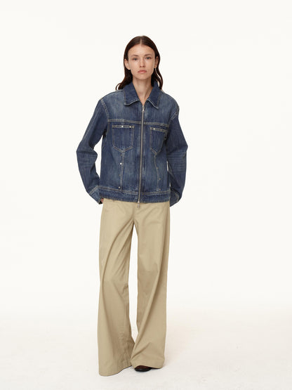 Northbutsouth Double Zip Rivet Denim Jacket With Paris Button