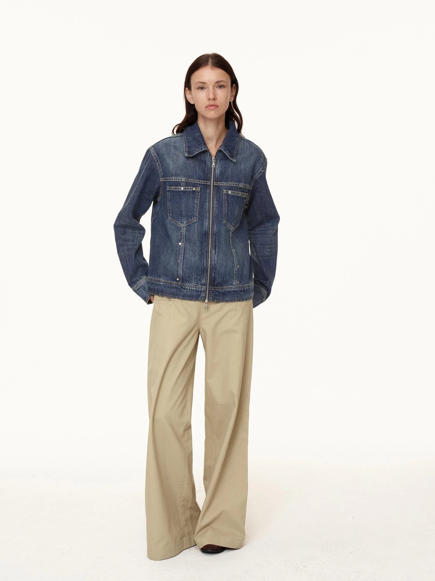 Double Zip Rivet Denim Jacket With Paris Button