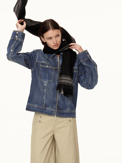 Northbutsouth Double Zip Rivet Denim Jacket With Paris Button