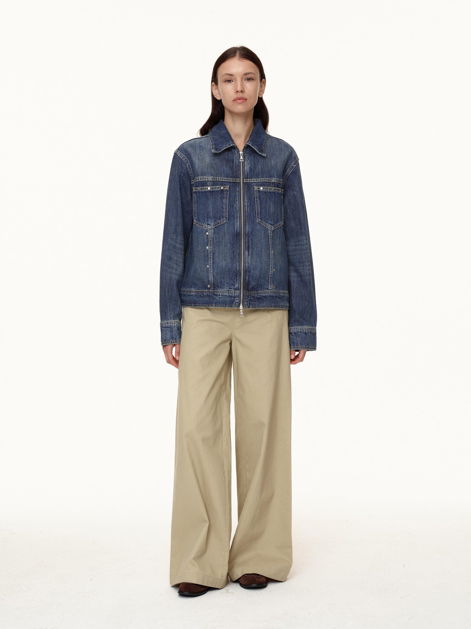 Northbutsouth Double Zip Rivet Denim Jacket With Paris Button