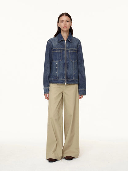 Double Zip Rivet Denim Jacket With Paris Button