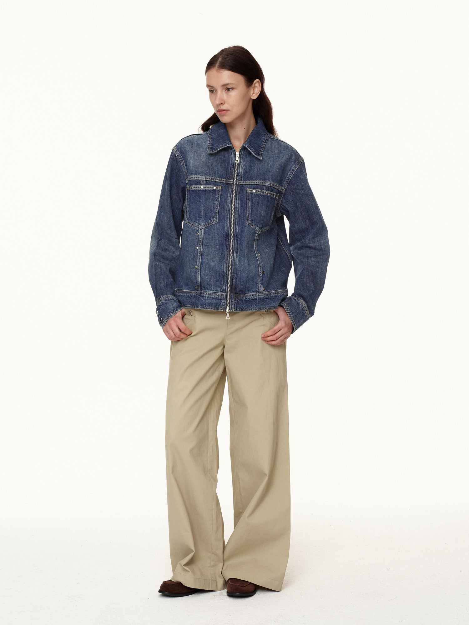 Northbutsouth Double Zip Rivet Denim Jacket With Paris Button