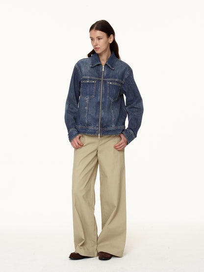 Northbutsouth Double Zip Rivet Denim Jacket With Paris Button