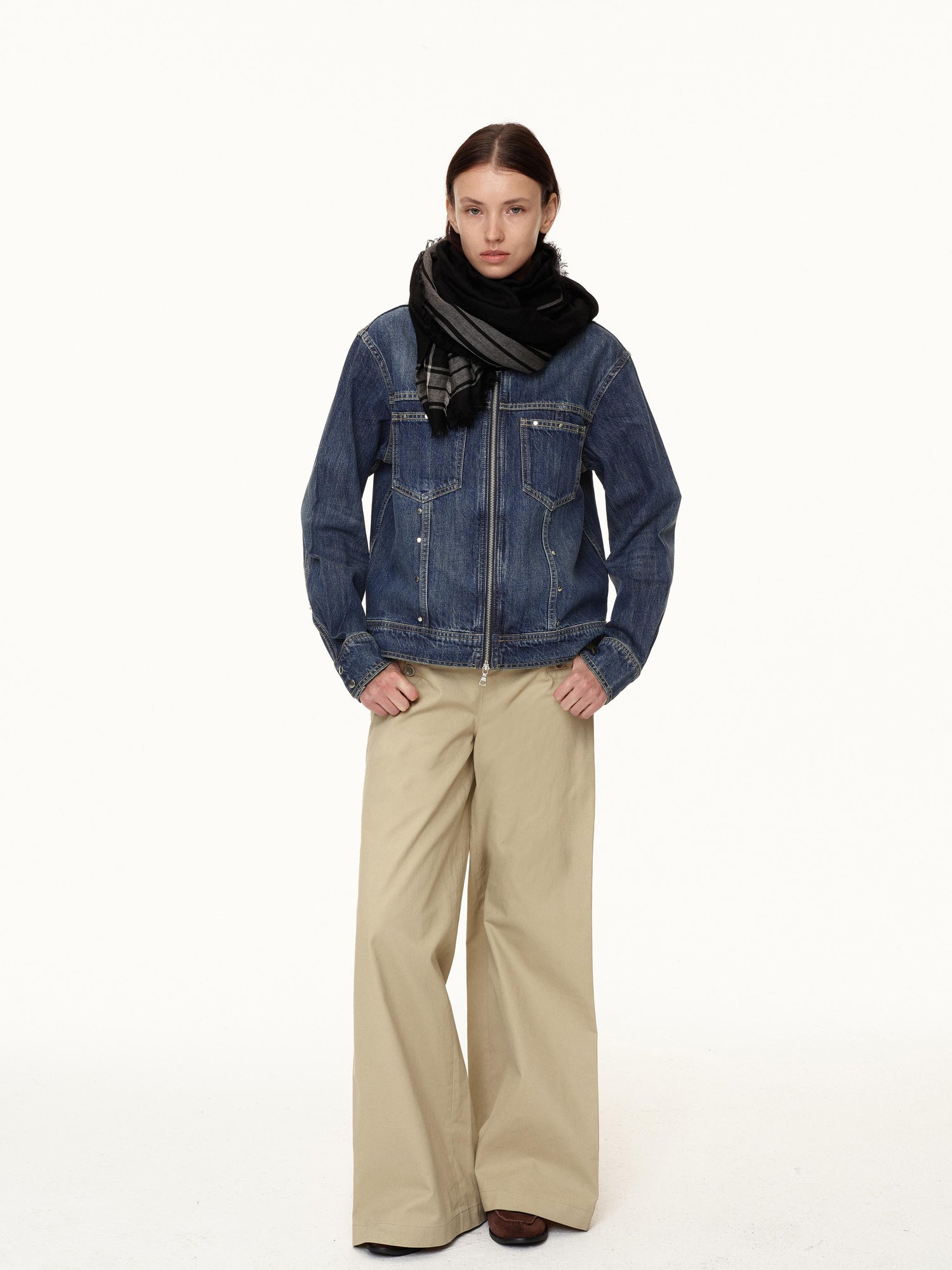 Northbutsouth Double Zip Rivet Denim Jacket With Paris Button