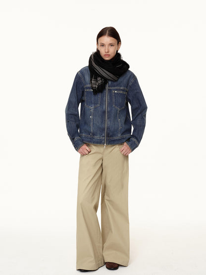 Northbutsouth Double Zip Rivet Denim Jacket With Paris Button