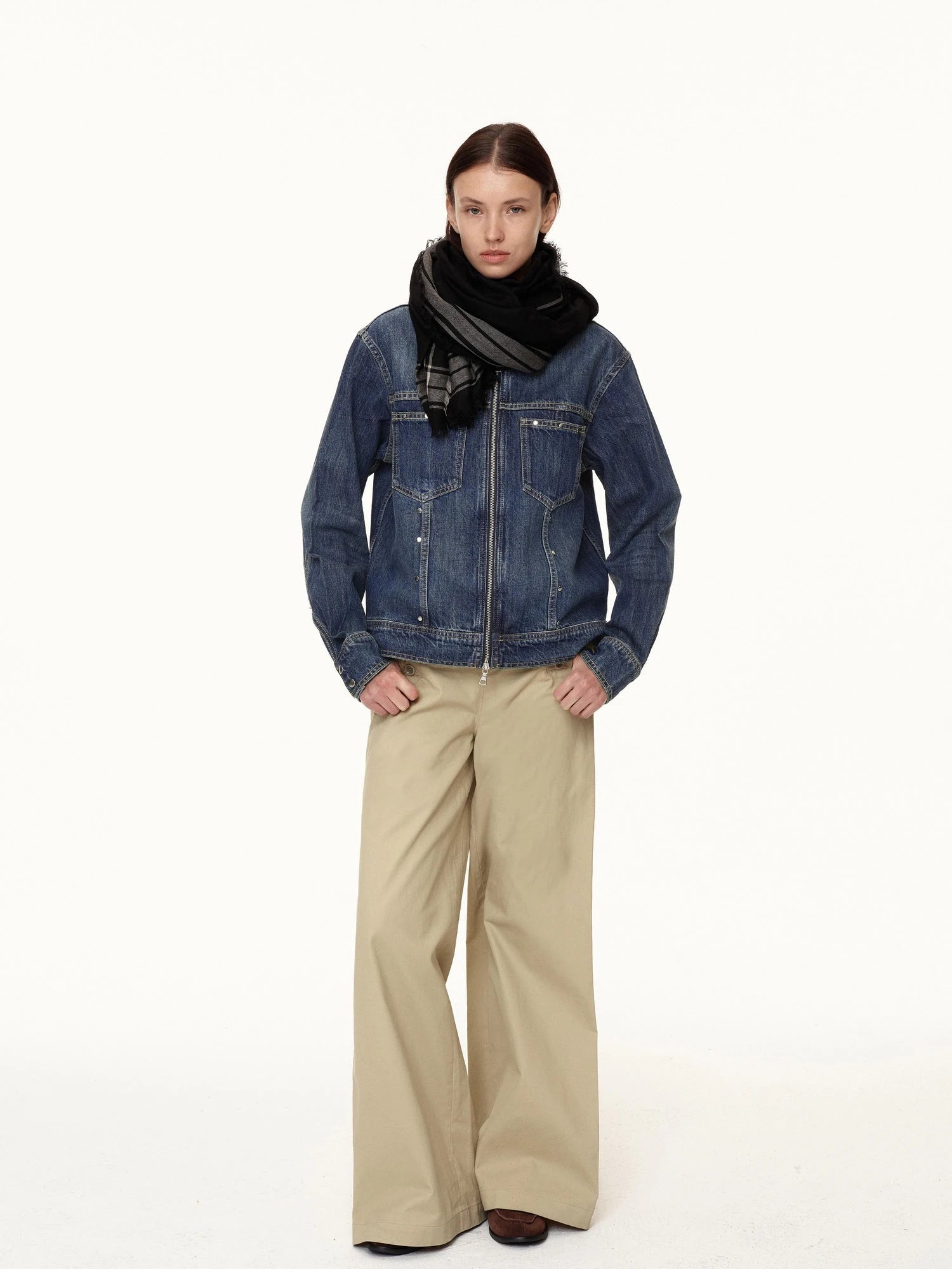 Double Zip Rivet Denim Jacket With Paris Button