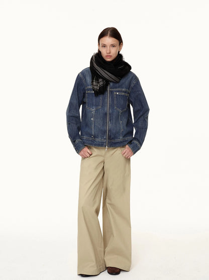 Double Zip Rivet Denim Jacket With Paris Button