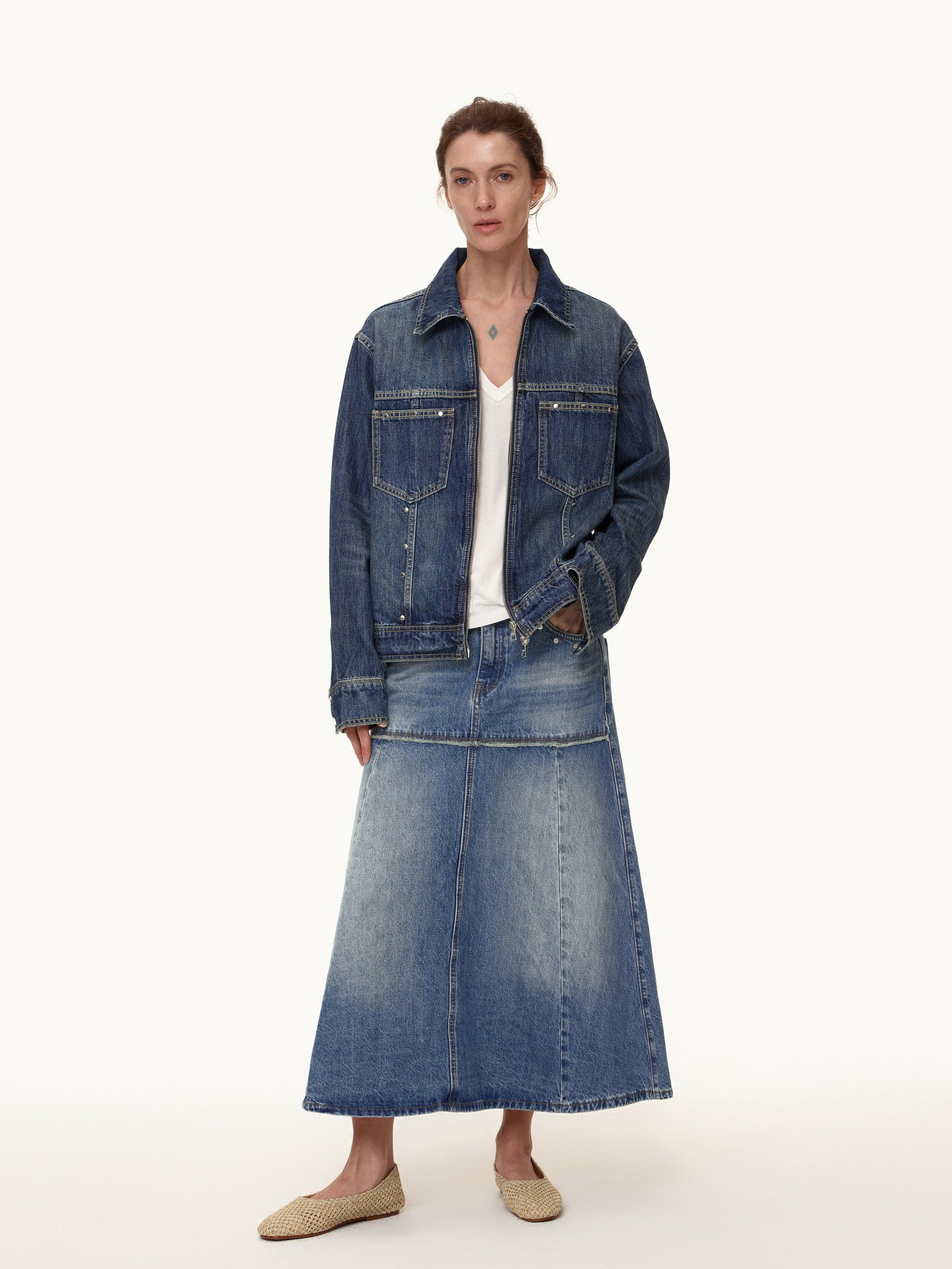 Northbutsouth Double Zip Rivet Denim Jacket With Paris Button