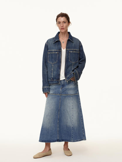 Northbutsouth Double Zip Rivet Denim Jacket With Paris Button
