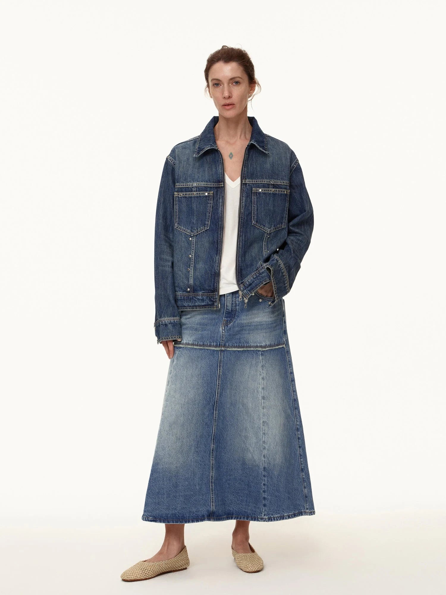 Double Zip Rivet Denim Jacket With Paris Button