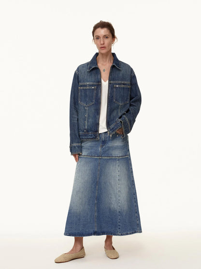 Double Zip Rivet Denim Jacket With Paris Button