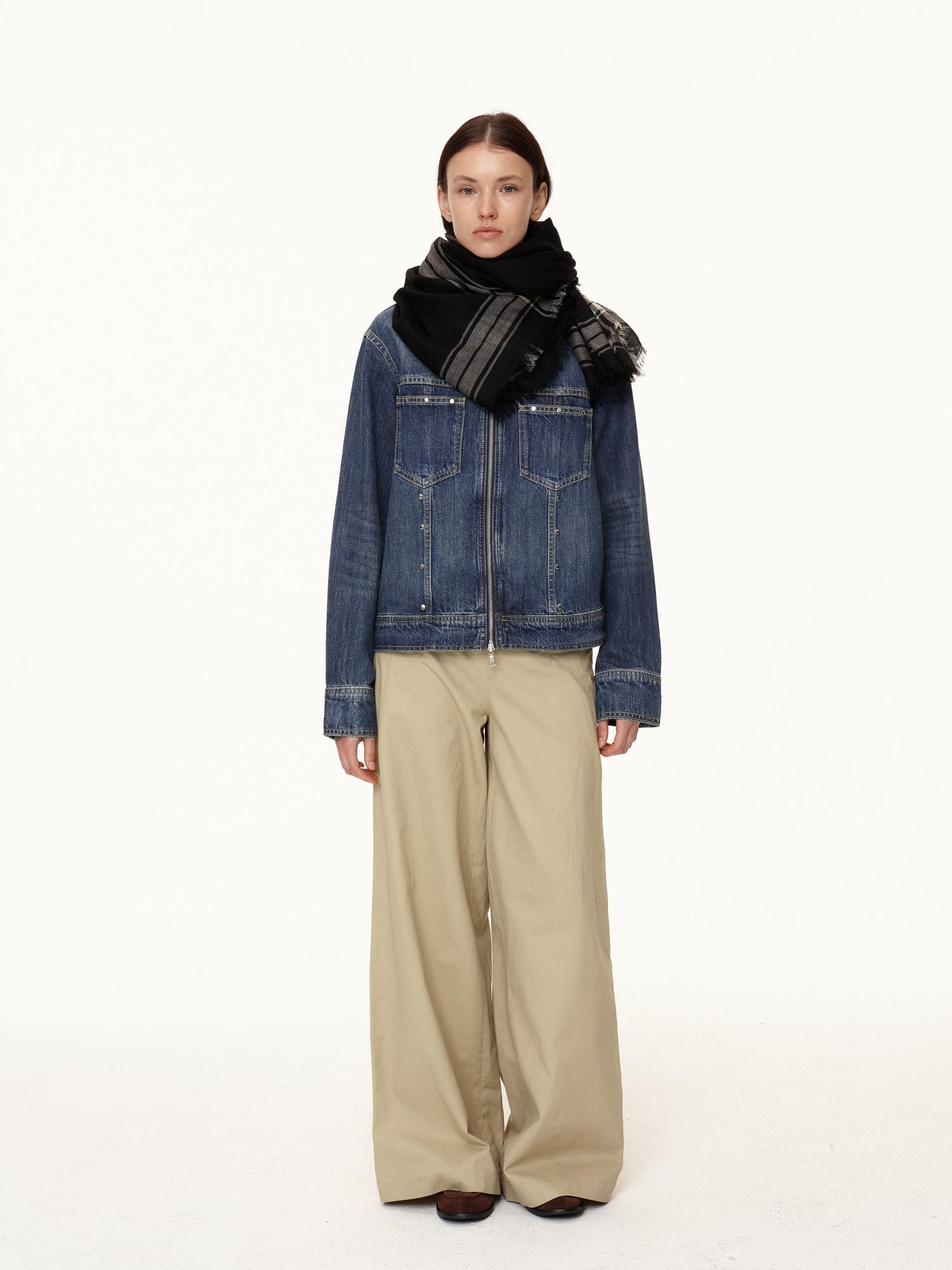 Northbutsouth Double Zip Rivet Denim Jacket With Paris Button