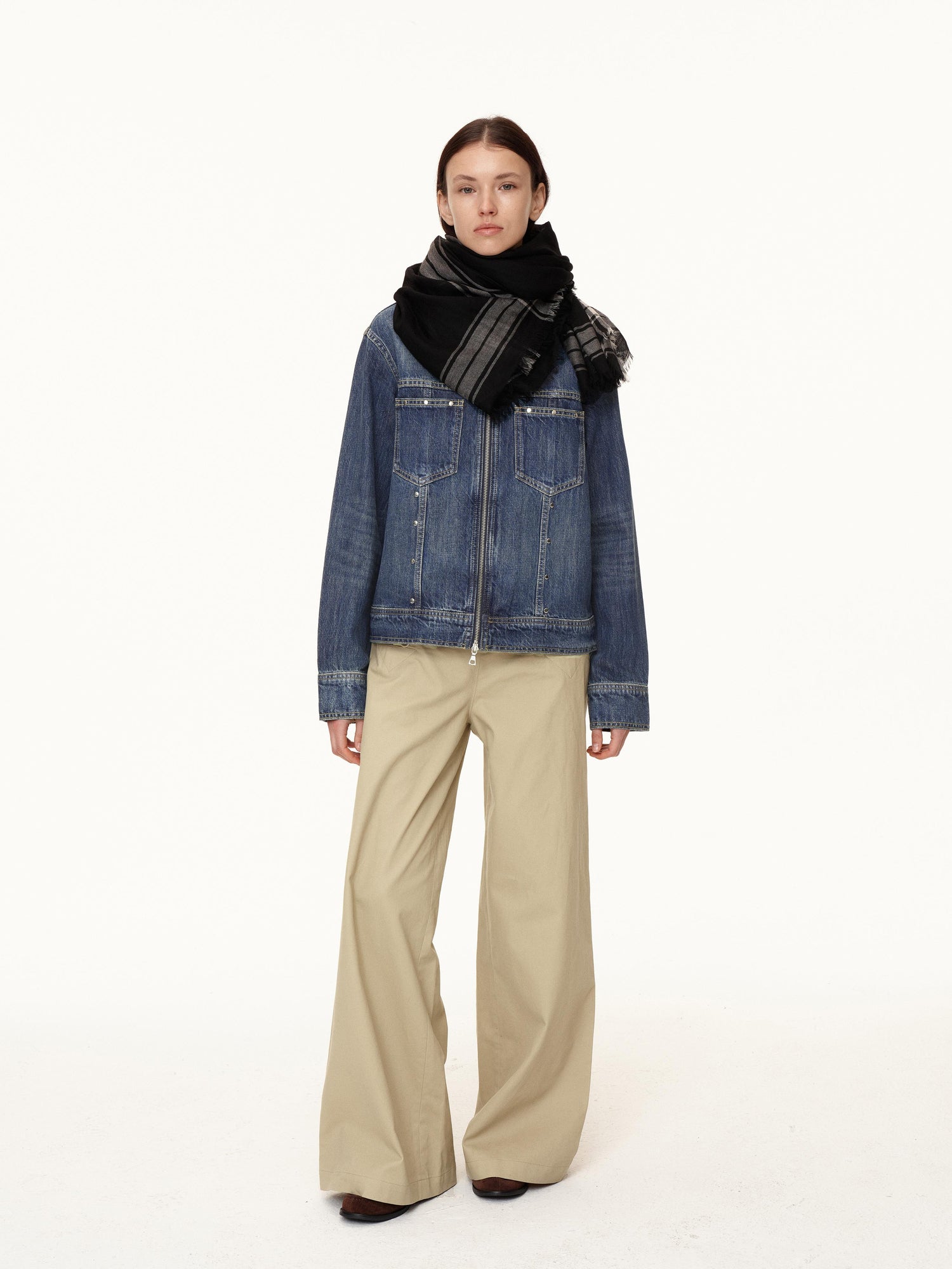 Northbutsouth Double Zip Rivet Denim Jacket With Paris Button