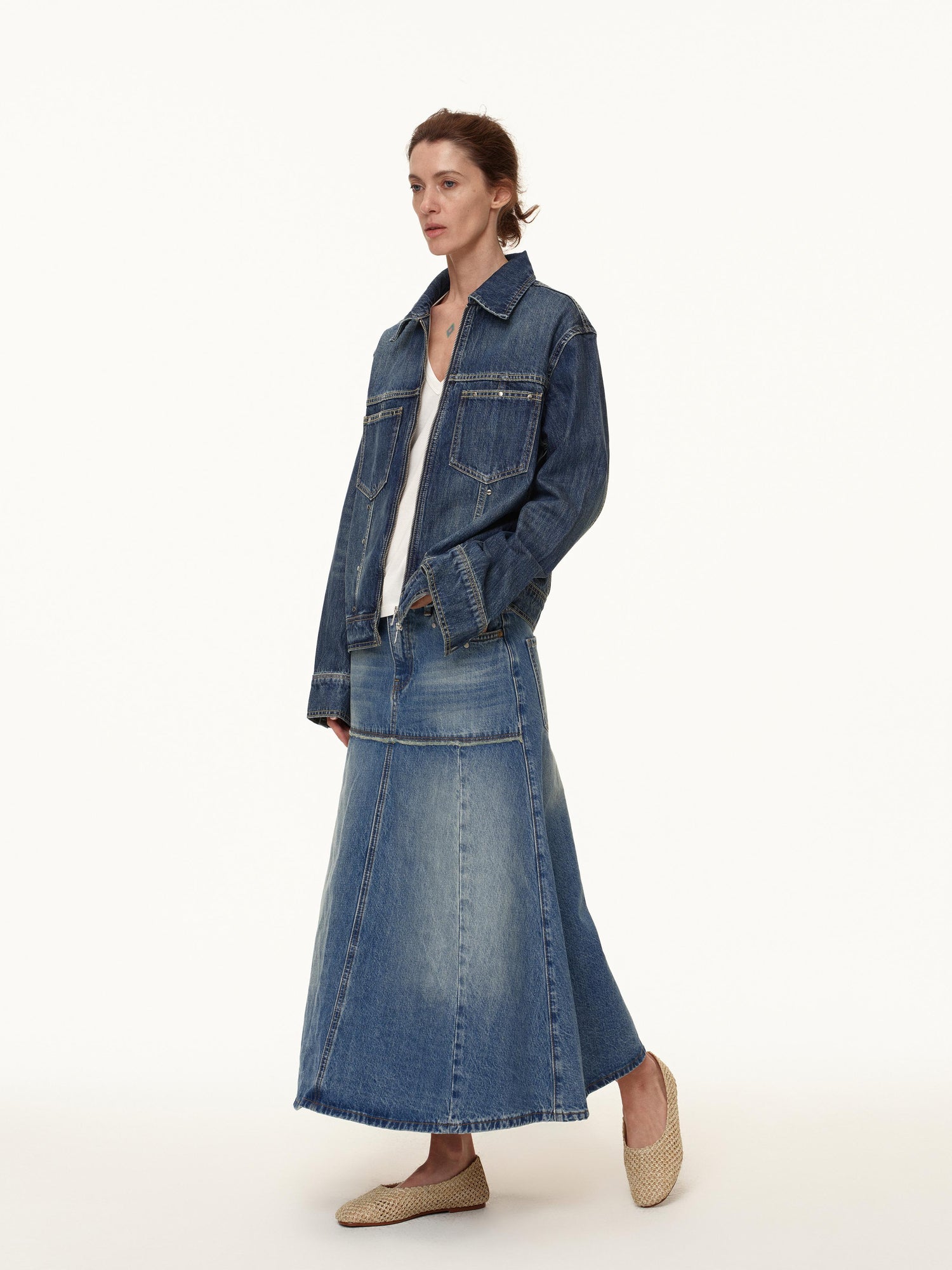 Northbutsouth Double Zip Rivet Denim Jacket With Paris Button