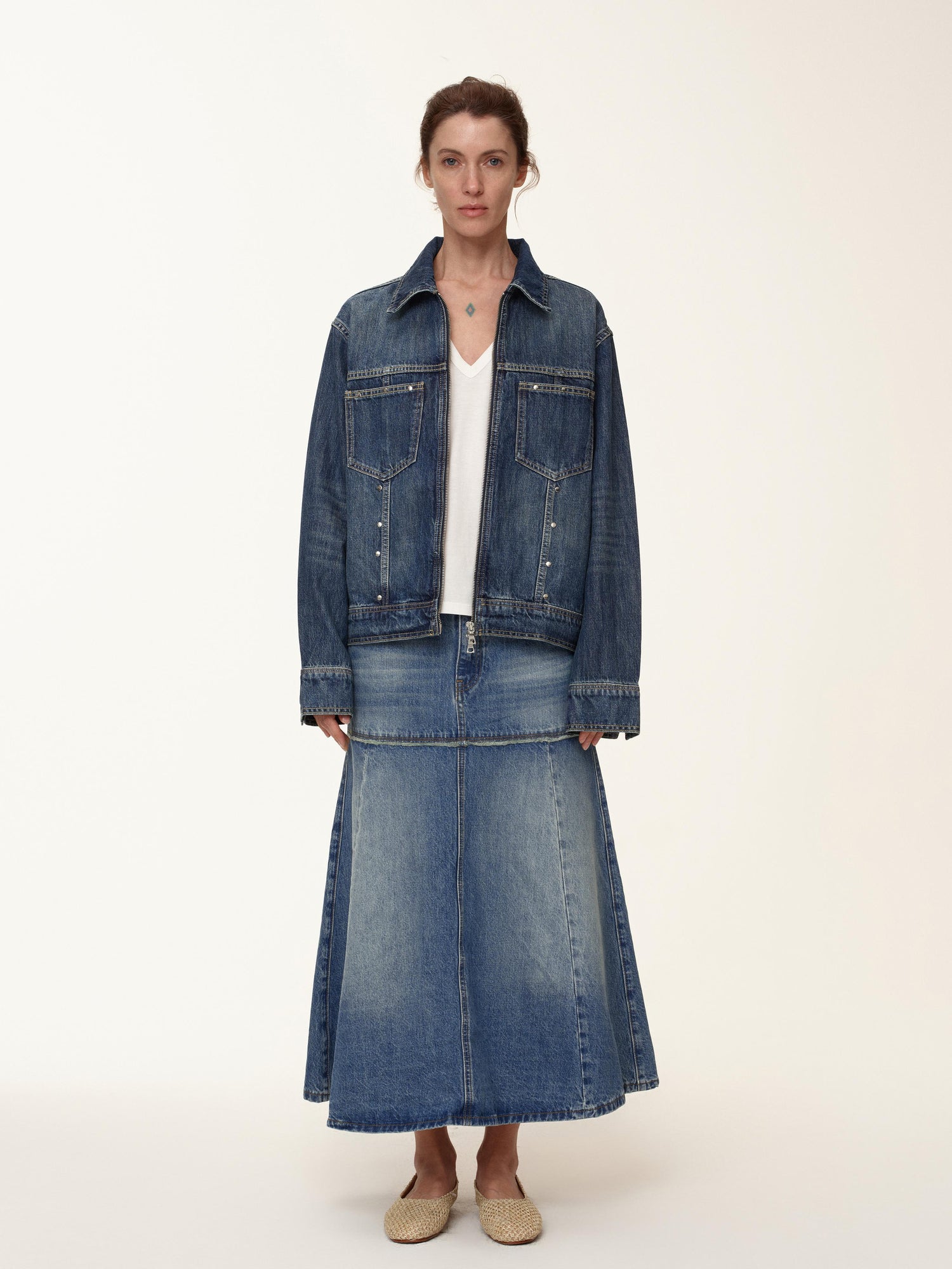 Northbutsouth Double Zip Rivet Denim Jacket With Paris Button