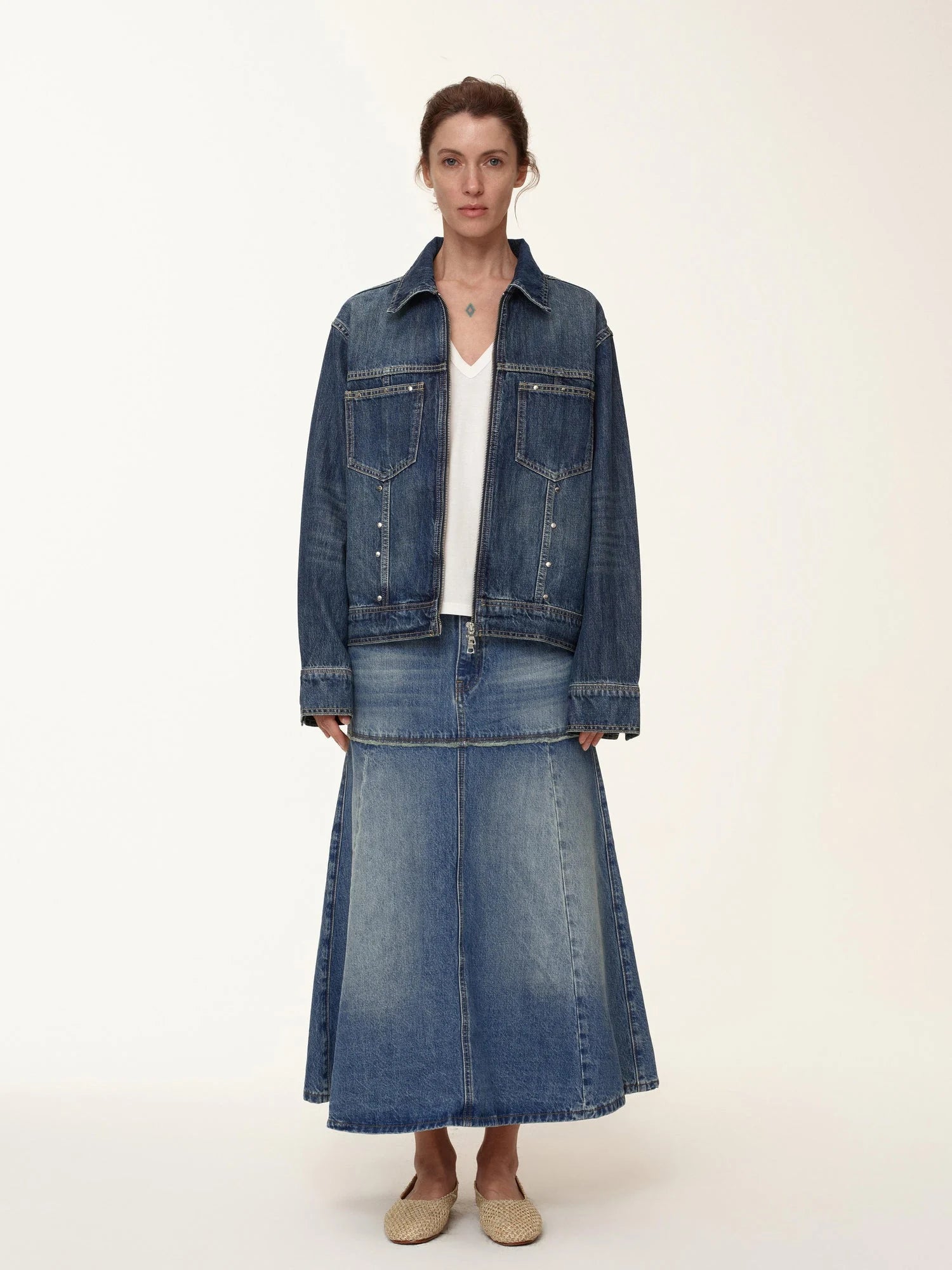 Double Zip Rivet Denim Jacket With Paris Button