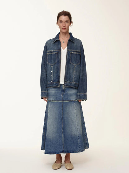 Double Zip Rivet Denim Jacket With Paris Button