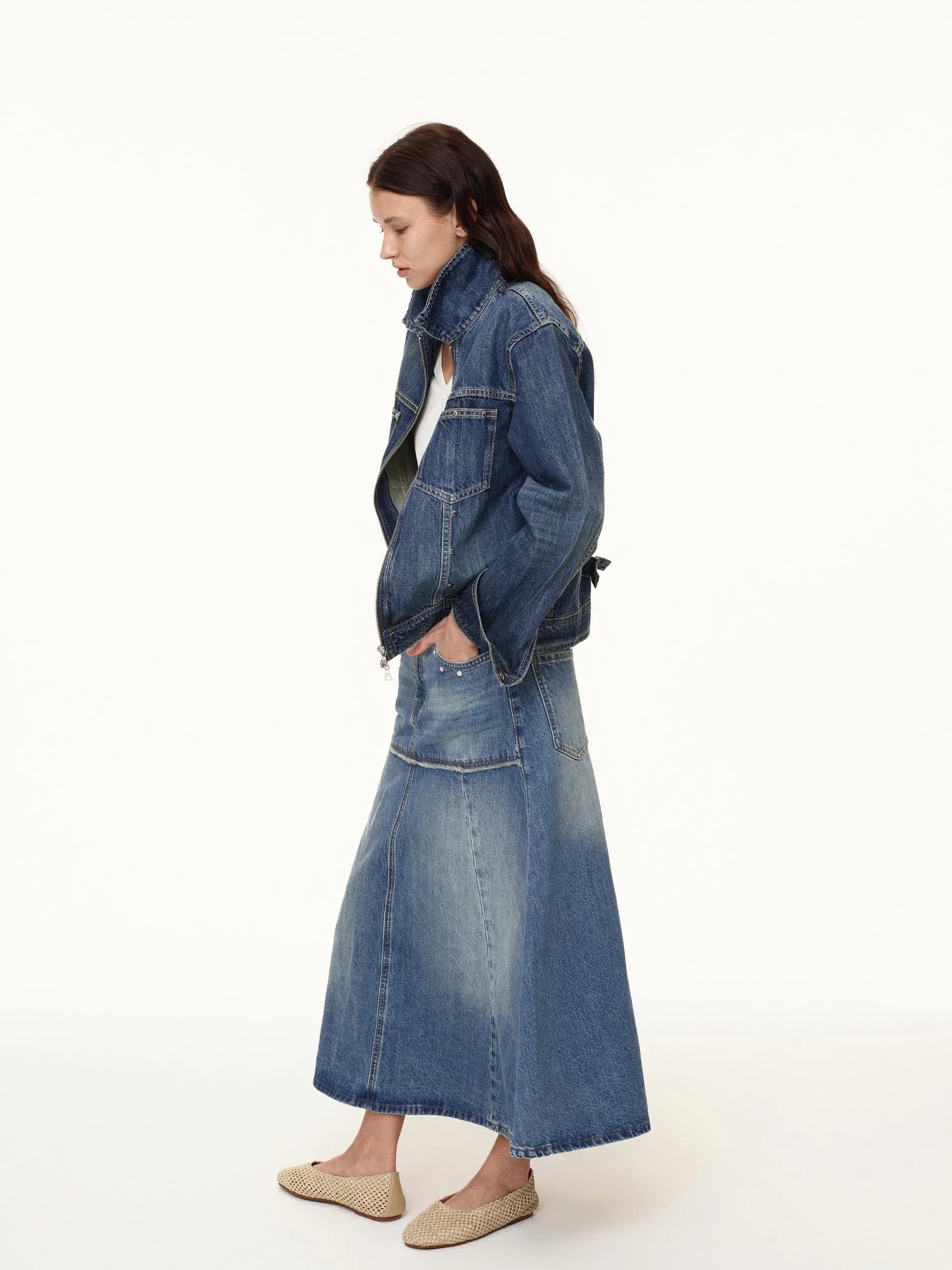 Double Zip Rivet Denim Jacket With Paris Button