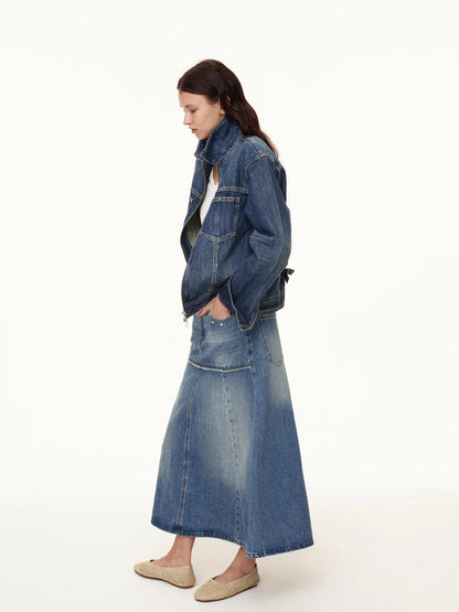 Double Zip Rivet Denim Jacket With Paris Button