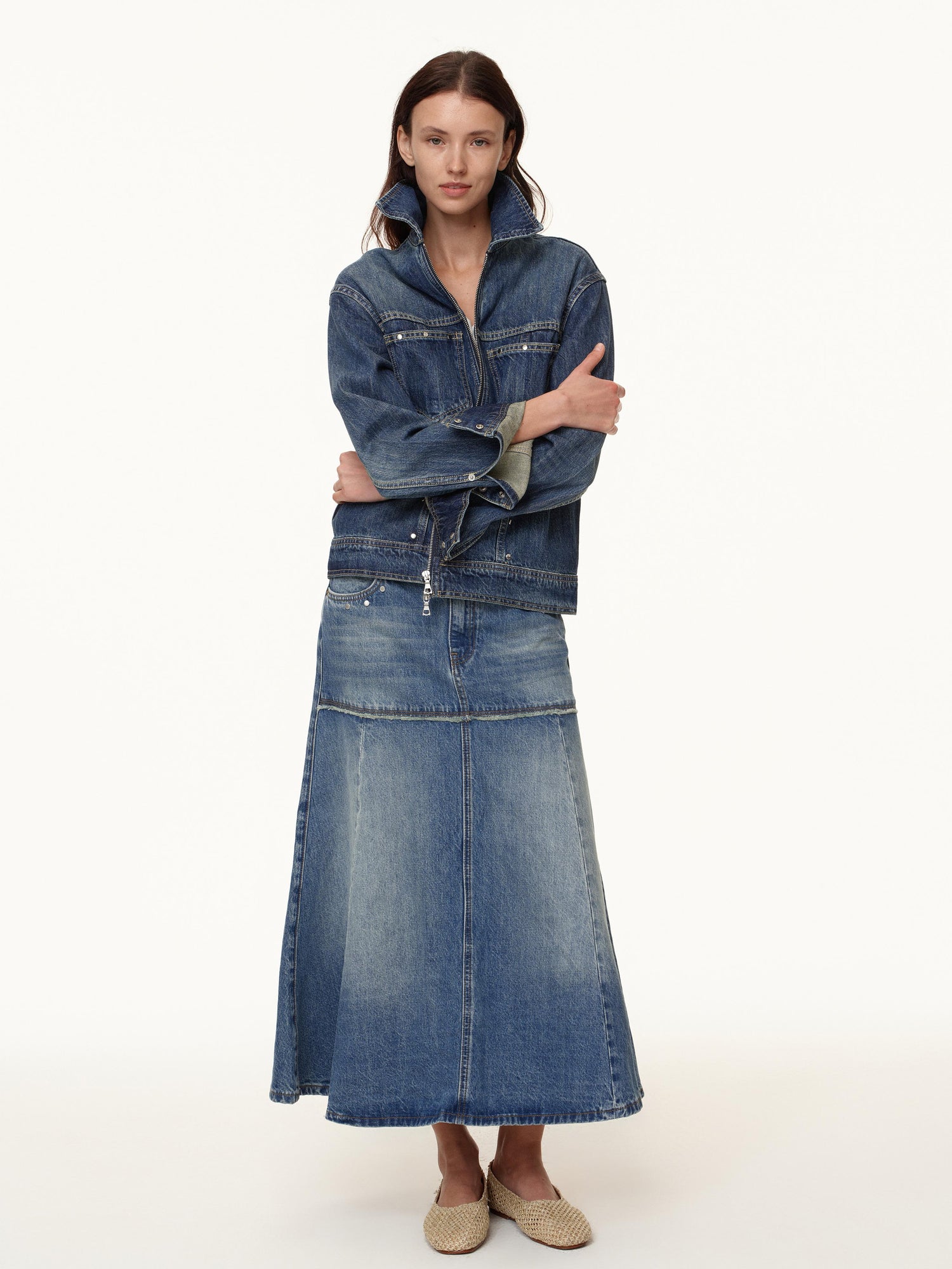 Northbutsouth Double Zip Rivet Denim Jacket With Paris Button