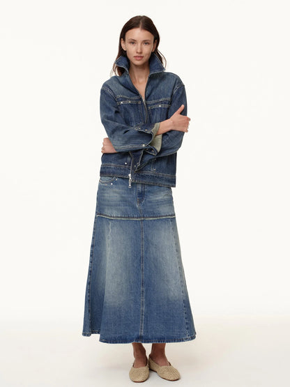 Double Zip Rivet Denim Jacket With Paris Button