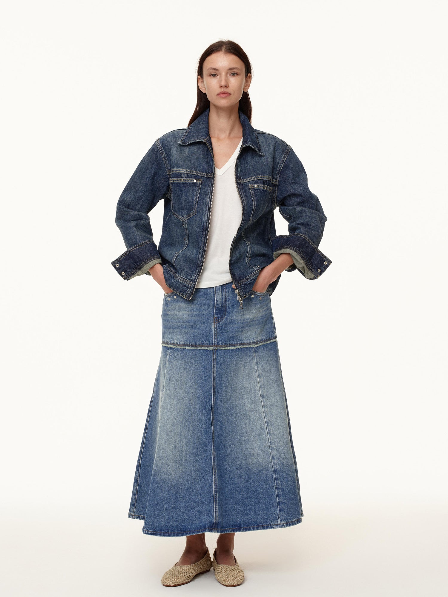 Northbutsouth Double Zip Rivet Denim Jacket With Paris Button