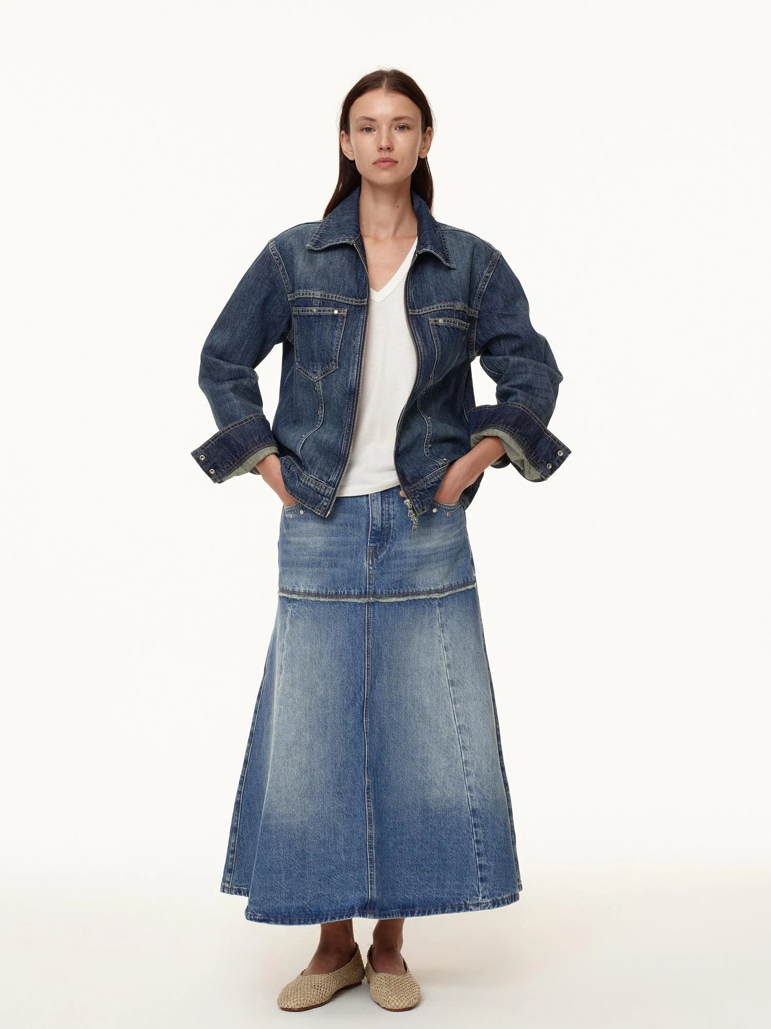 Double Zip Rivet Denim Jacket With Paris Button