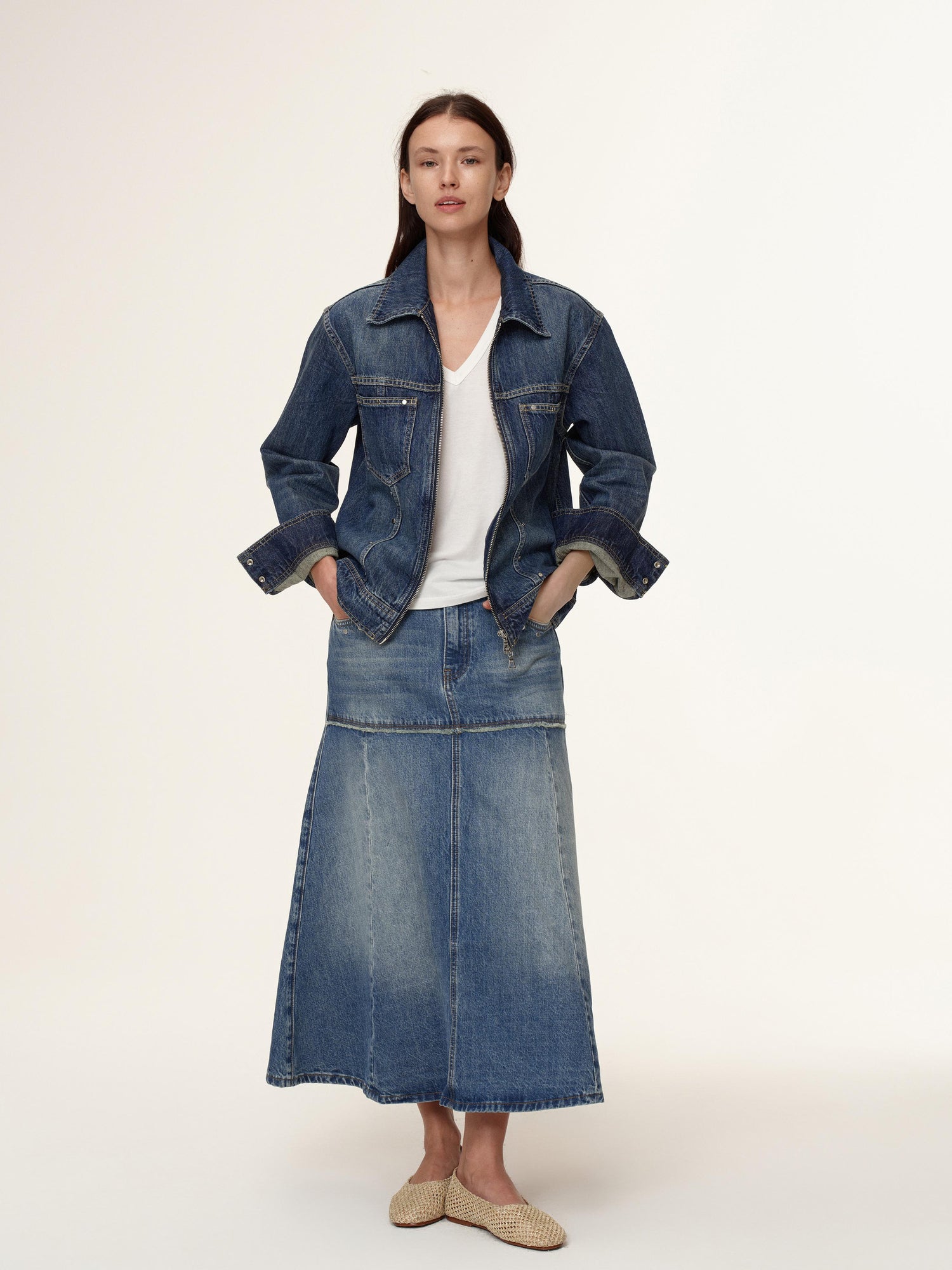 Northbutsouth Double Zip Rivet Denim Jacket With Paris Button