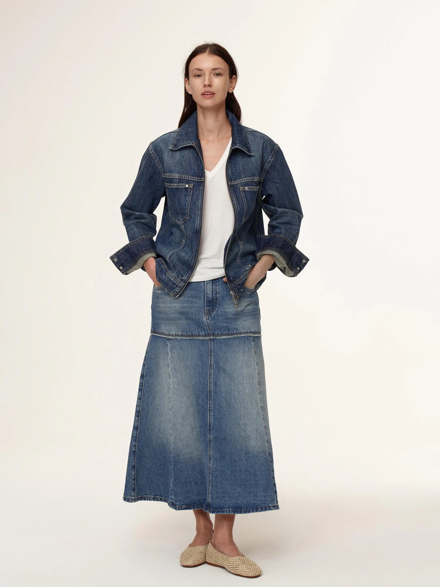 Double Zip Rivet Denim Jacket With Paris Button