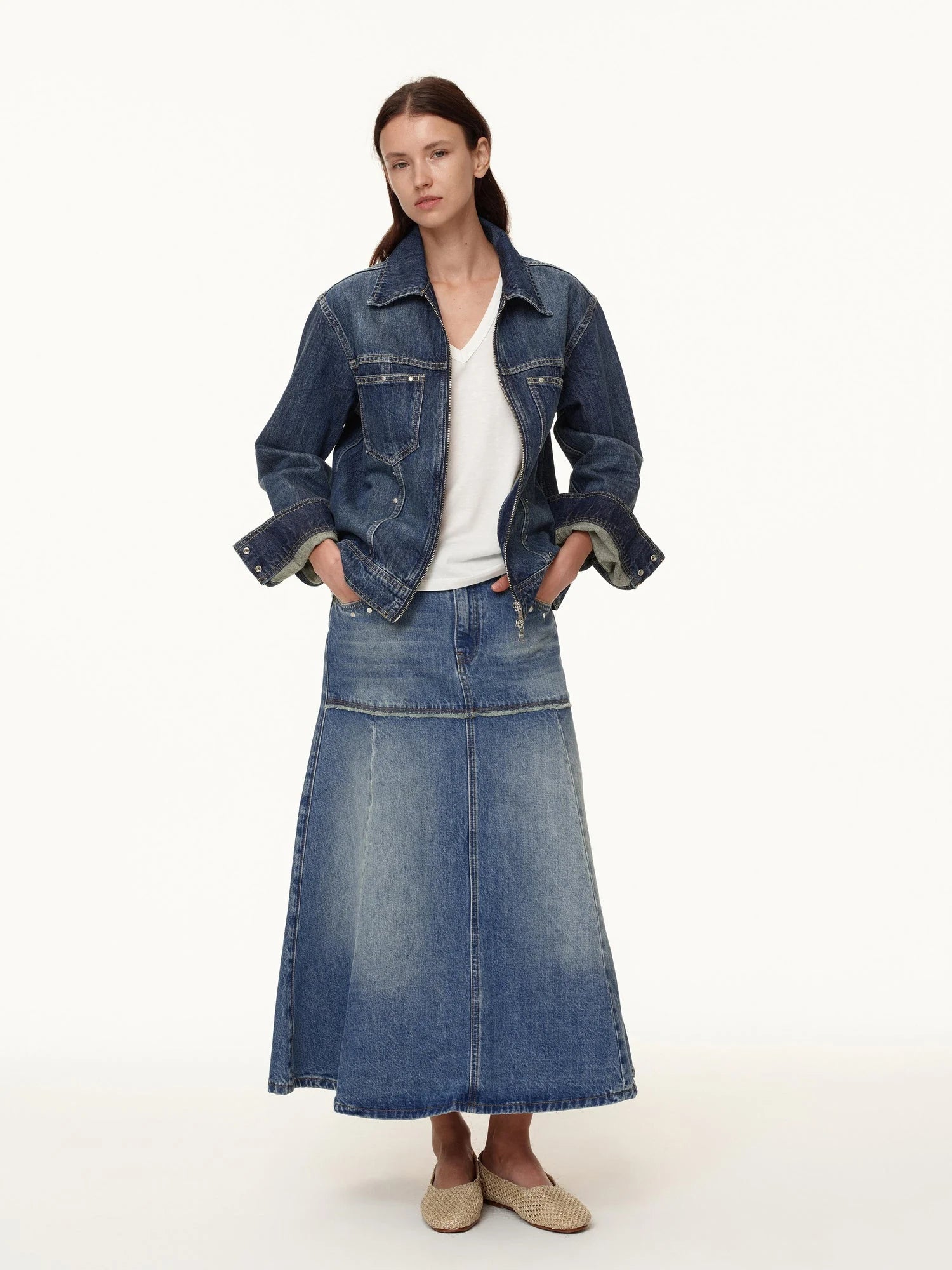 Double Zip Rivet Denim Jacket With Paris Button