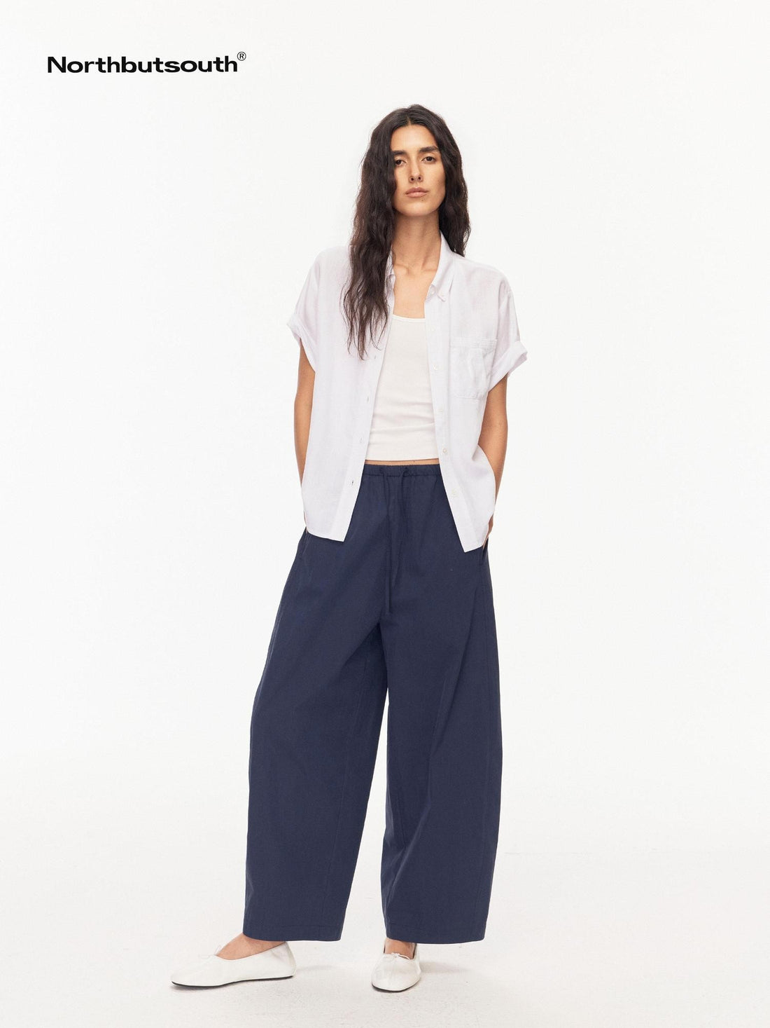 Northbutsouth Drapey Loose Roll Up Sleeve Lapel Button Women&