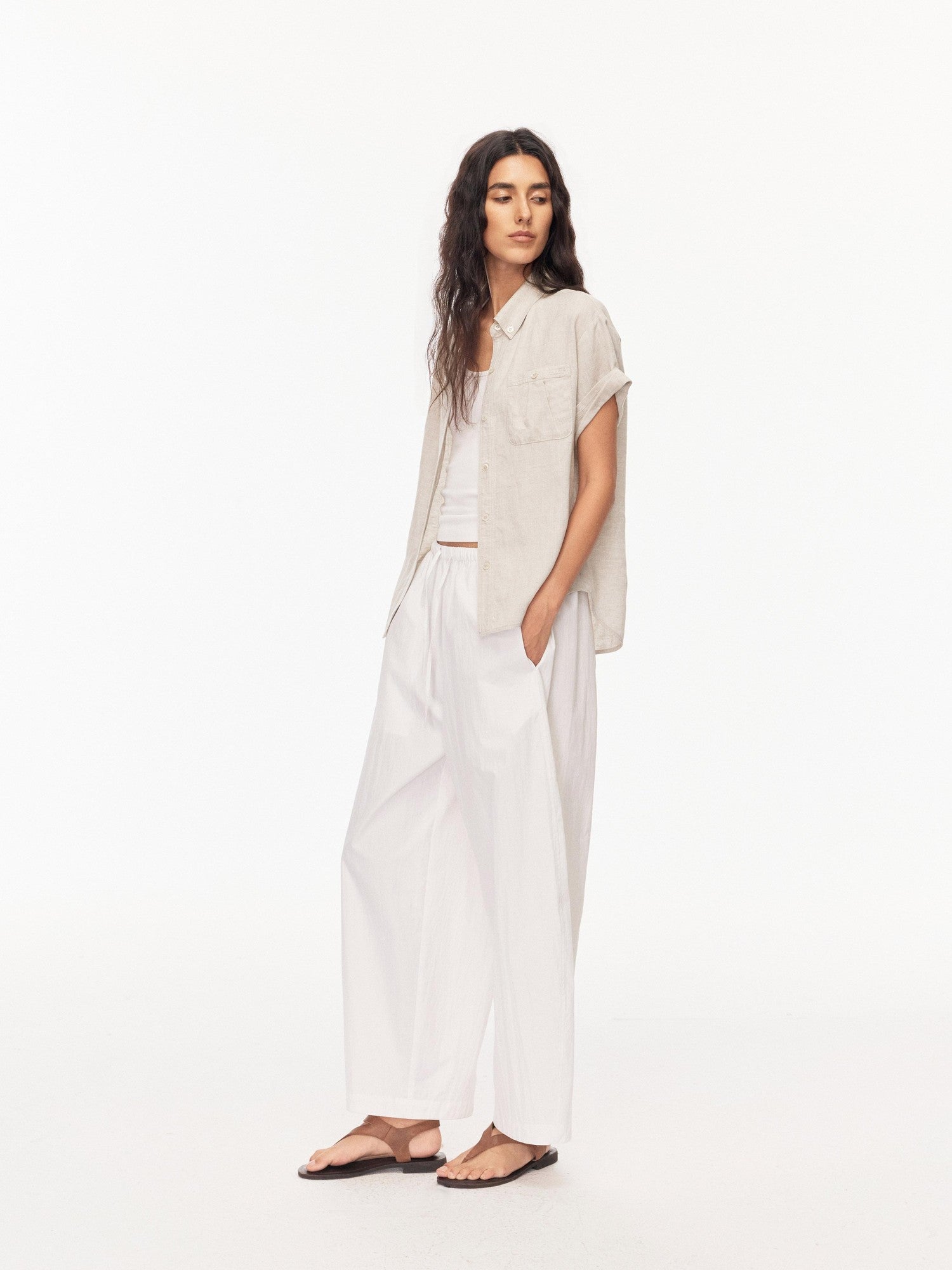 Northbutsouth Drapey Loose Roll Up Sleeve Lapel Button Women&