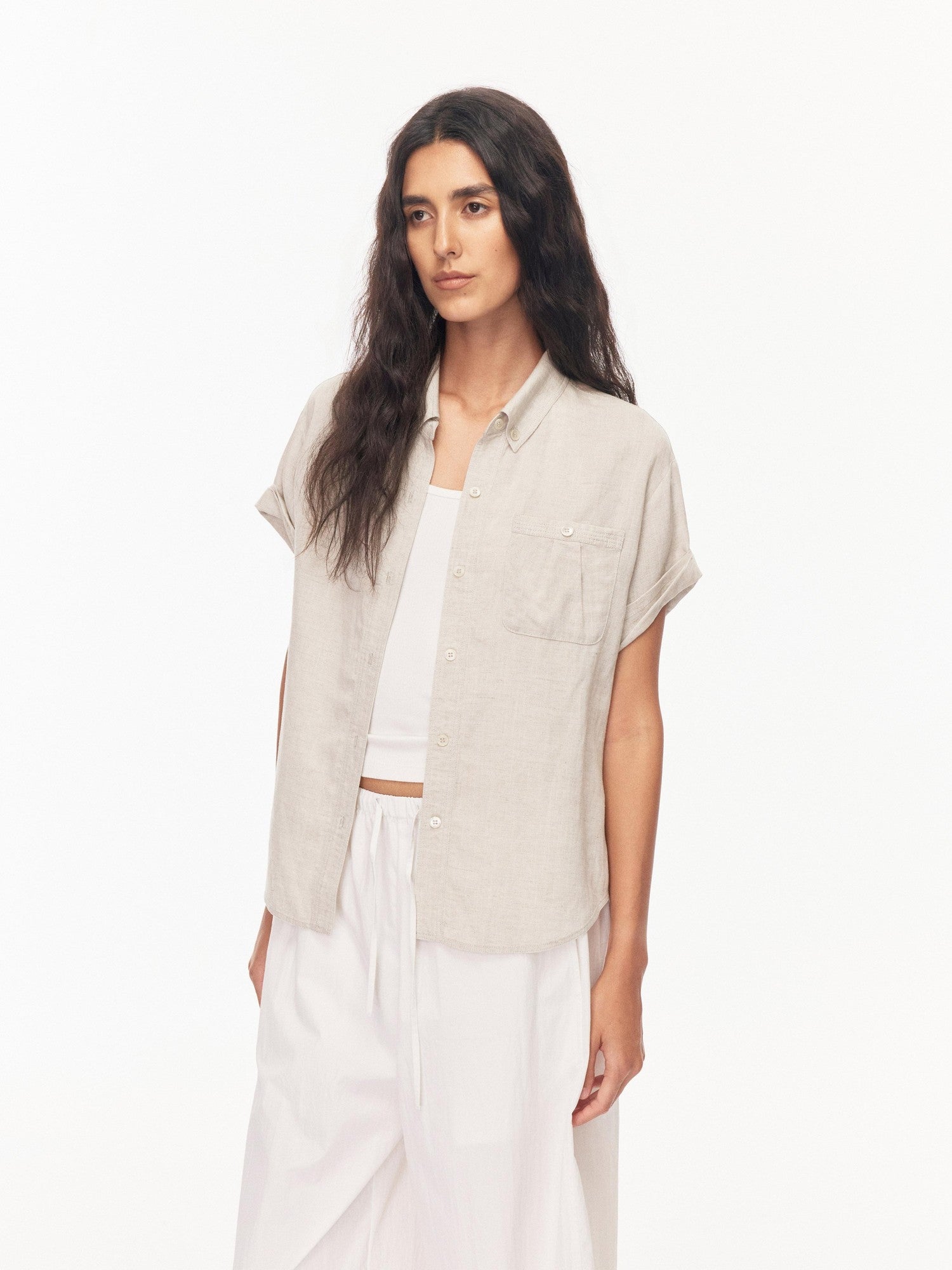 Northbutsouth Drapey Loose Roll Up Sleeve Lapel Button Women&