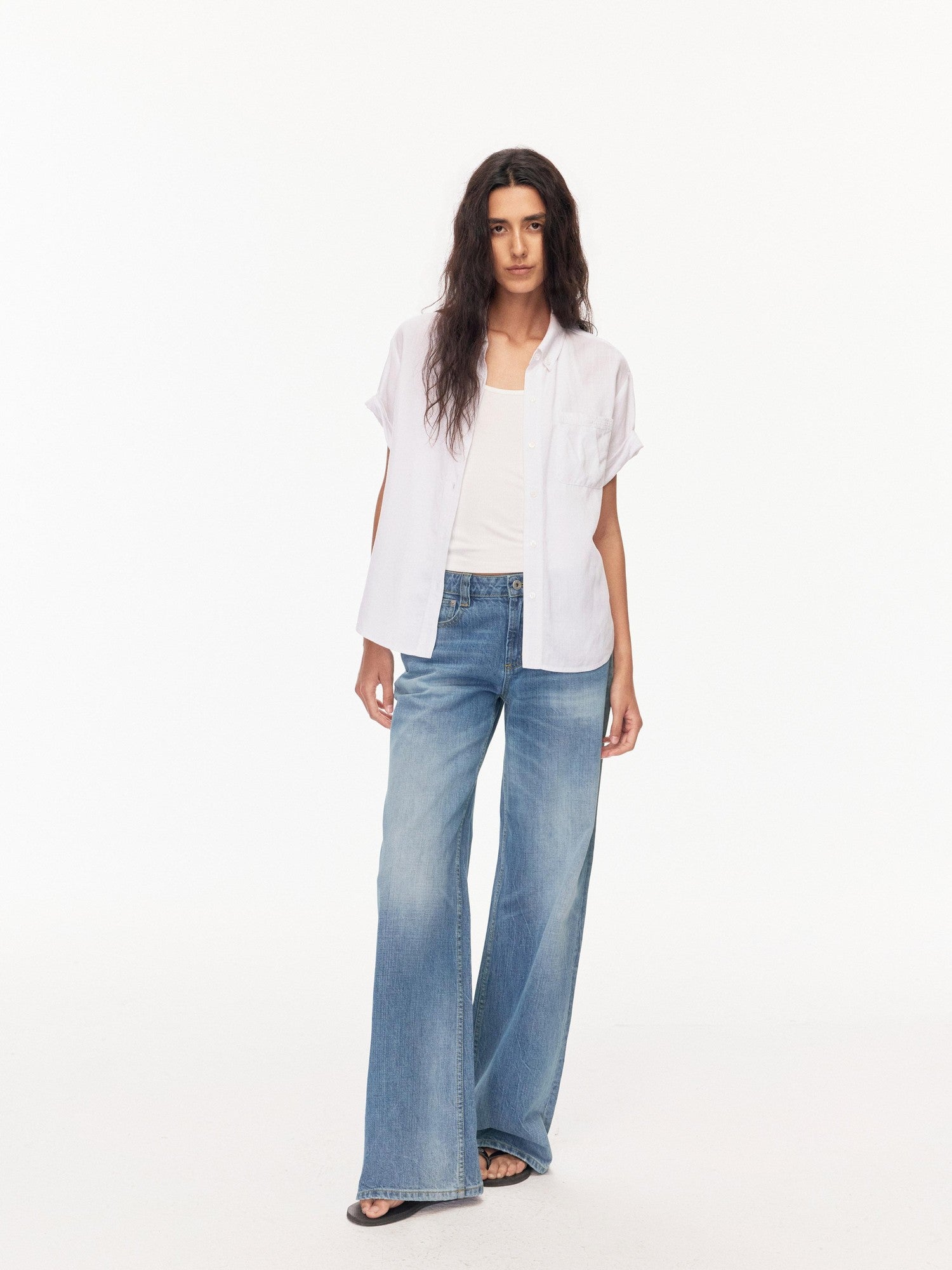 Northbutsouth Drapey Loose Roll Up Sleeve Lapel Button Women&