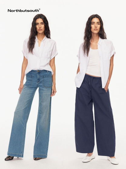 Northbutsouth Drapey Loose Roll Up Sleeve Lapel Button Women&
