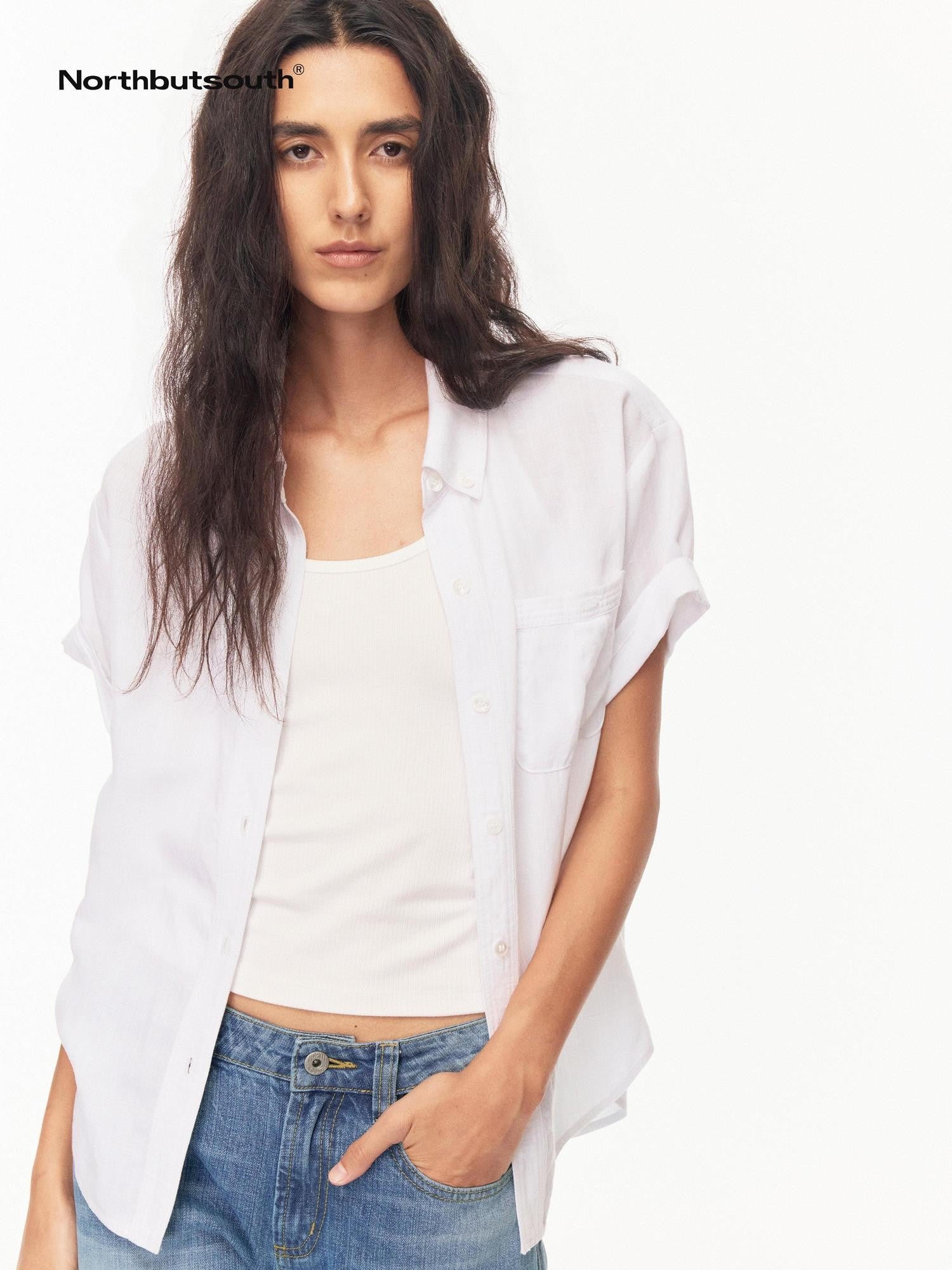 Northbutsouth Drapey Loose Roll Up Sleeve Lapel Button Women&