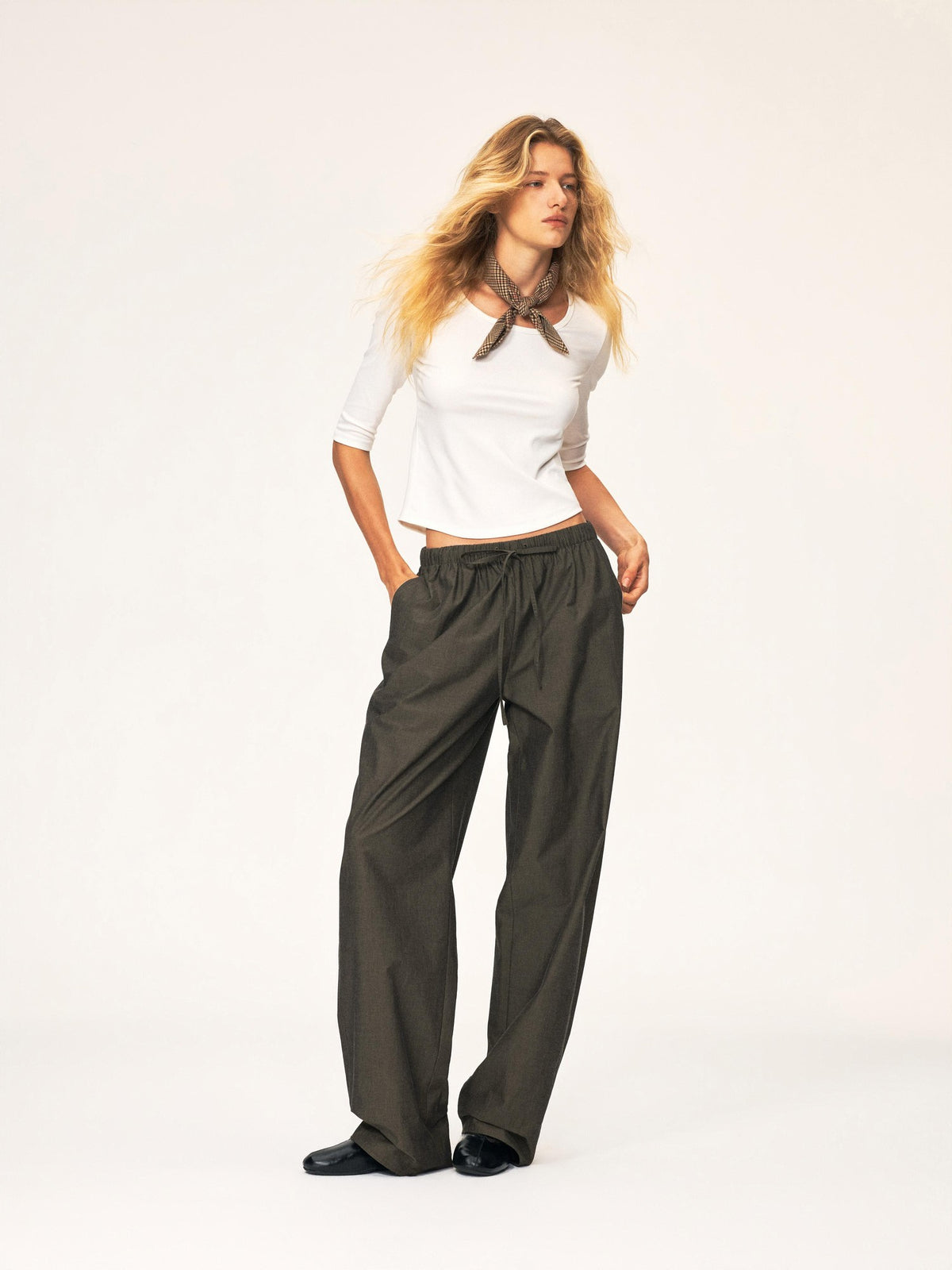 Northbutsouth Drawstring Elastic Waistband Long Staple Cotton Mid Low Rise Loose Women&