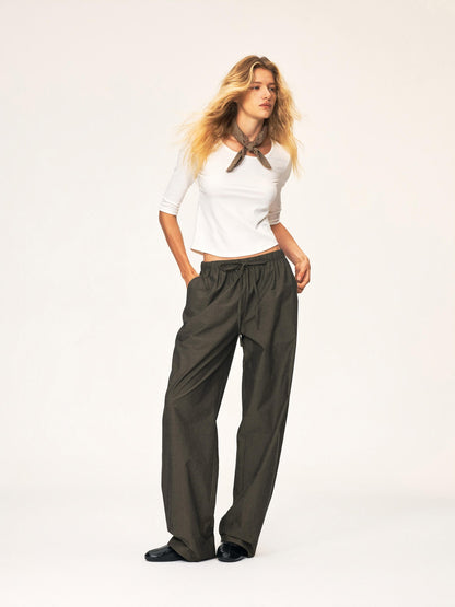 Northbutsouth Drawstring Elastic Waistband Long Staple Cotton Mid Low Rise Loose Women&