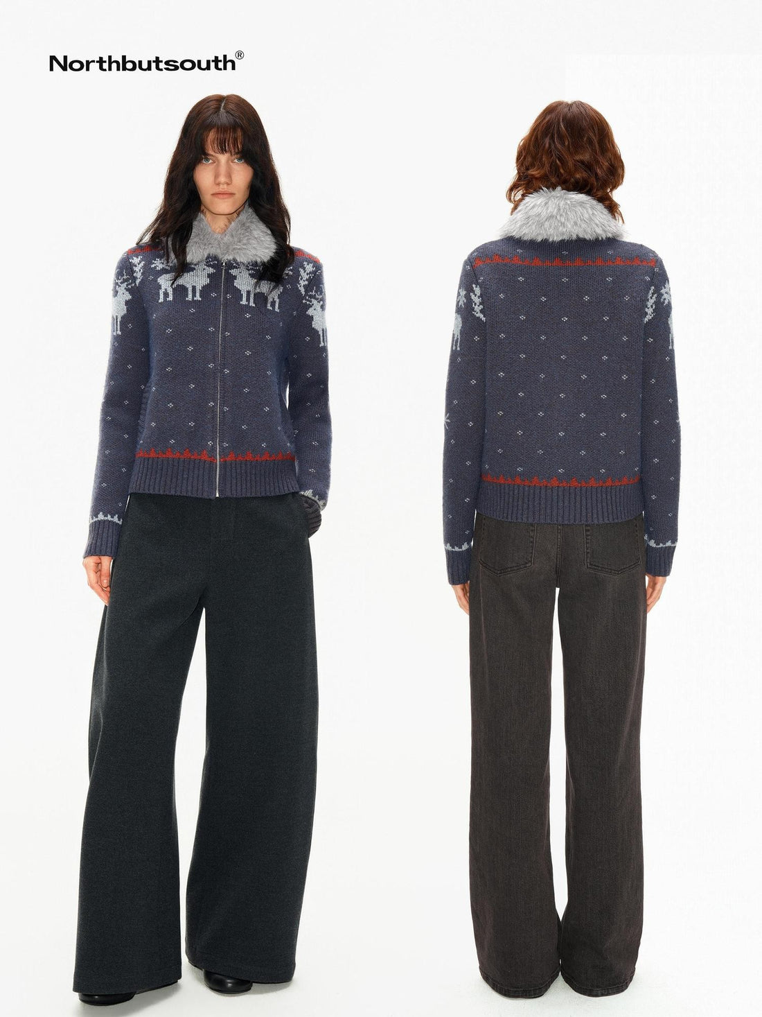 Northbutsouth Fair Isle Detachable Fur Collar Patch Pocket Knit Women&