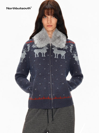 Northbutsouth Fair Isle Detachable Fur Collar Patch Pocket Knit Women&
