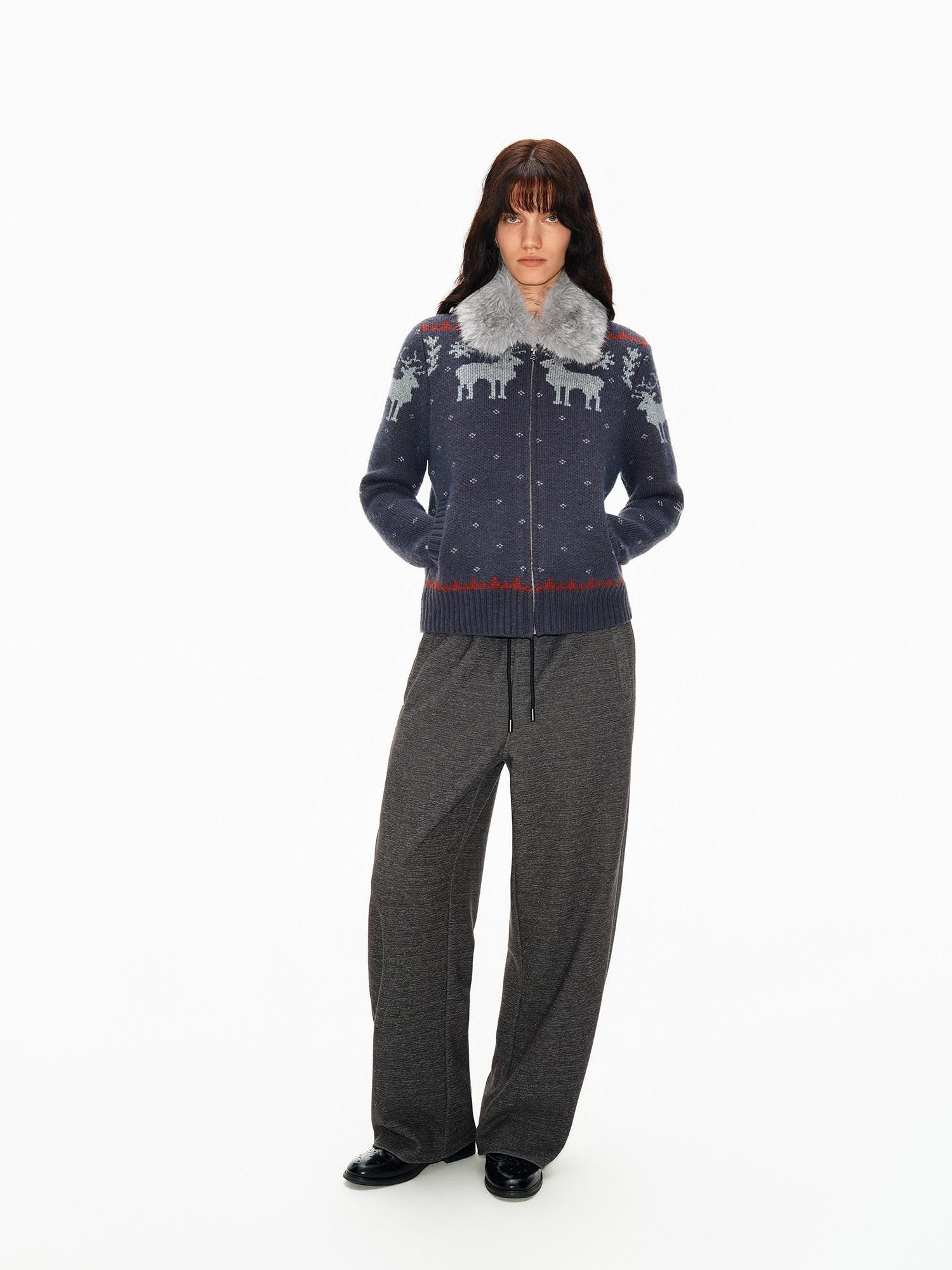 Northbutsouth Fair Isle Detachable Fur Collar Patch Pocket Knit Women&