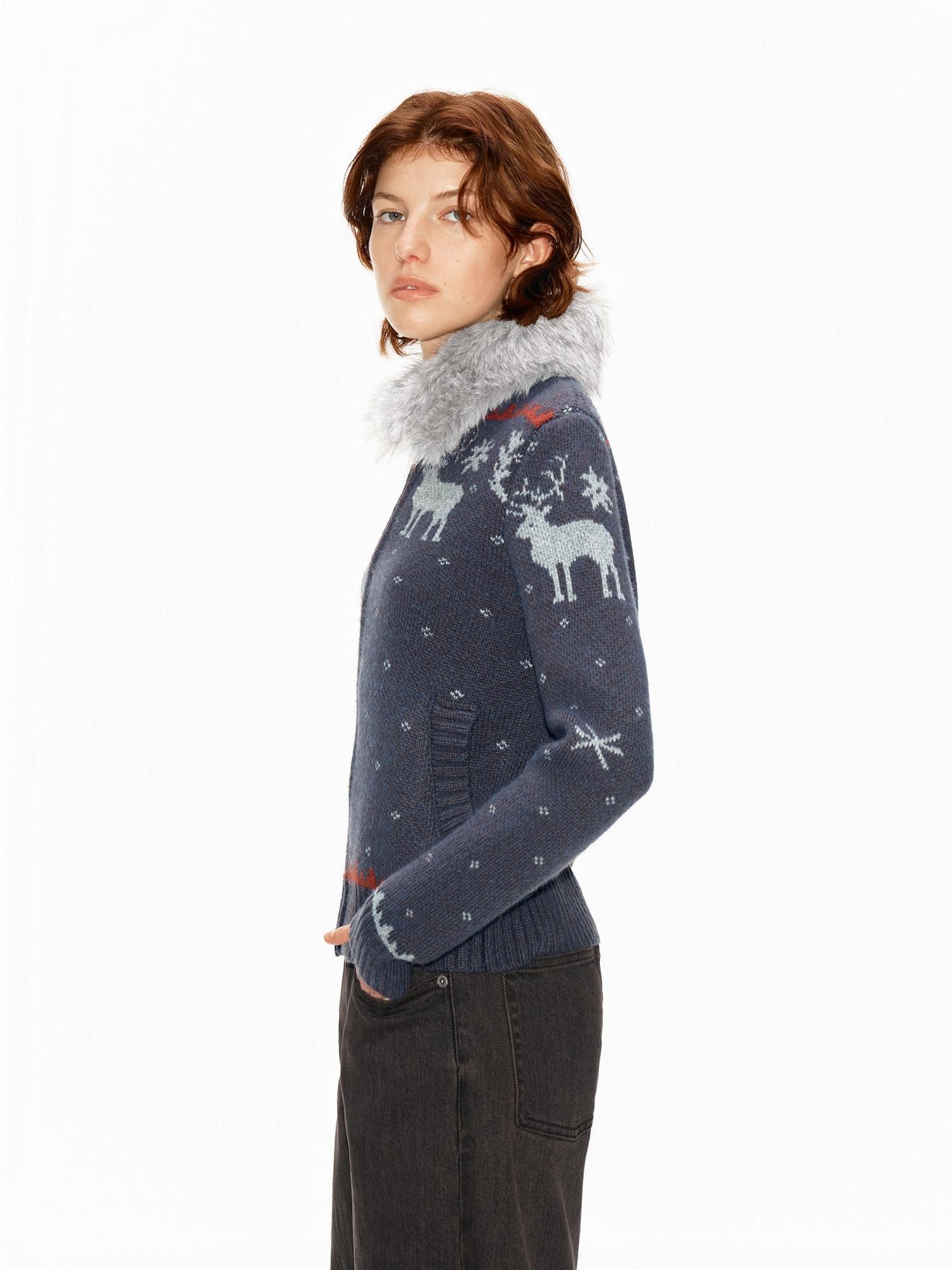 Northbutsouth Fair Isle Detachable Fur Collar Patch Pocket Knit Women&