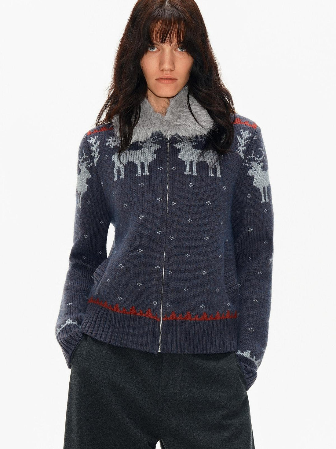Northbutsouth Fair Isle Detachable Fur Collar Patch Pocket Knit Women&