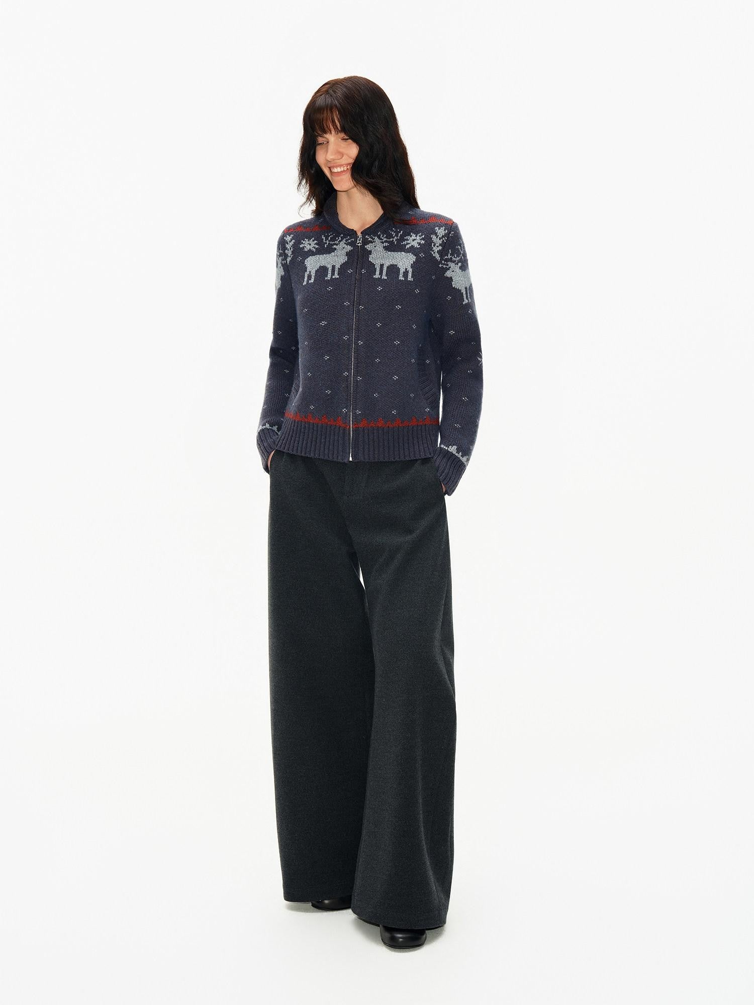 Northbutsouth Fair Isle Detachable Fur Collar Patch Pocket Knit Women&