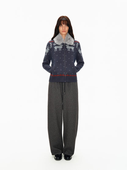 Northbutsouth Fair Isle Detachable Fur Collar Patch Pocket Knit Women&