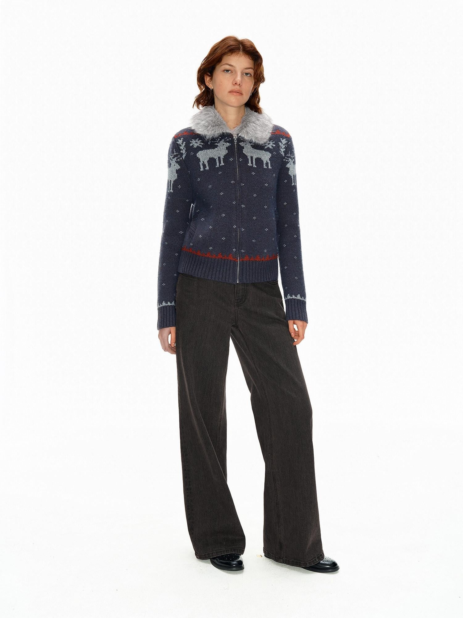 Northbutsouth Fair Isle Detachable Fur Collar Patch Pocket Knit Women&