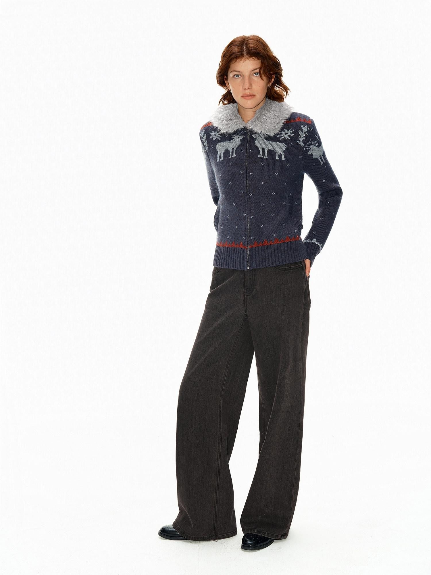 Northbutsouth Fair Isle Detachable Fur Collar Patch Pocket Knit Women&